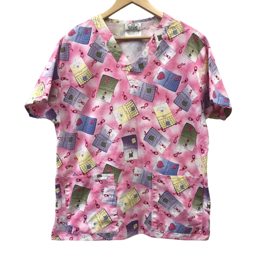 Crest Scrub Top Womens Medium Breast Cancer Pink Ribbon White